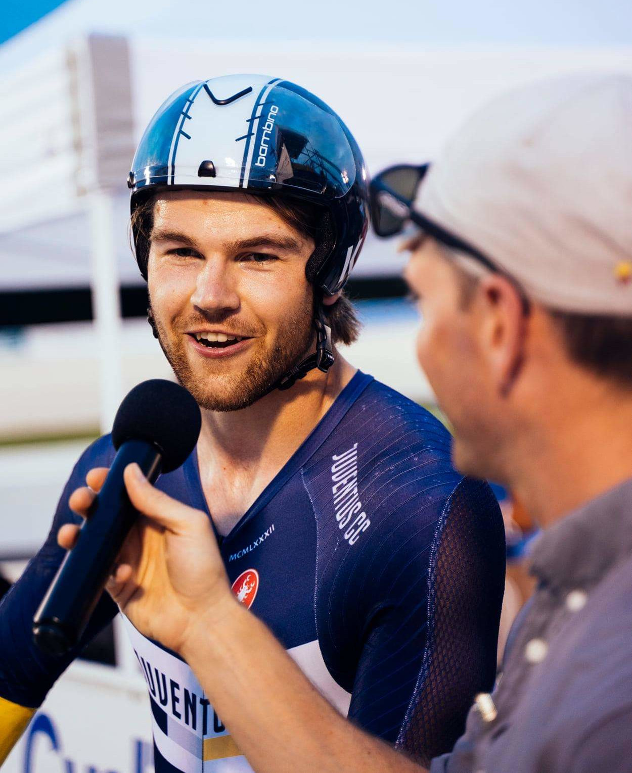 Ryan Dodyk being interviewed after winning the Keirin at T-Town
